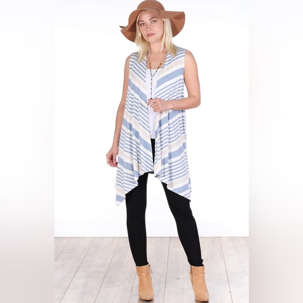 Popana Gray White Blue Striped Sleeveless Long Duster Cardigan Vest XL NWOT